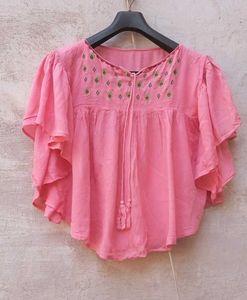 Pink Embroidered Tassel Tie Neck Kurti