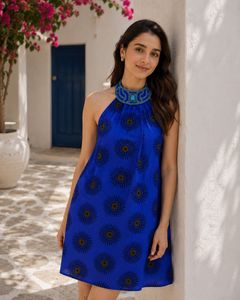 Bohemian Blue Sun Print Halter Gown