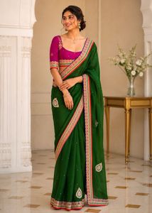 Elegant Heavy Green And Pink Embellished Saree