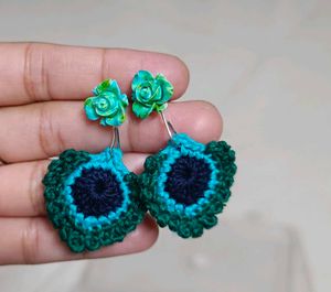 Boho Crochet Peacock Feather Earrings