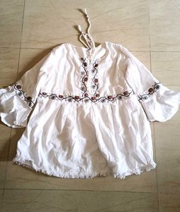 White Embroidered Boho Bell Sleeve Kurta