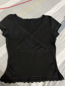 Chic Black Lace Trimmed V-Neck Top