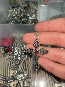 Gothic Cross Pendant with Red Gem