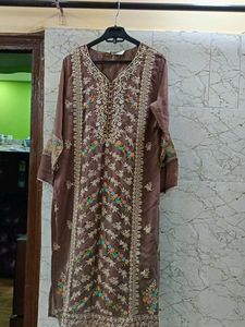 Embroidered Brown Kurta with Pant