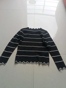 Striped Long Sleeve Top with Ruffle Neck