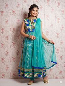 Beautiful Teal Kurta Set with Blue Floral Print