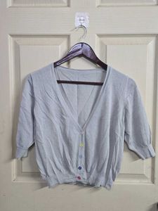 Gray Cardigan with Colorful Buttons