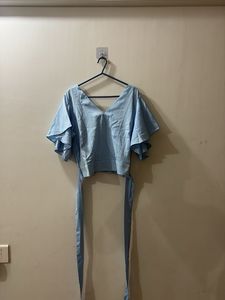 Light Blue Flutter Sleeve Crop Top with Tie
