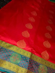 Vibrant Red Saree with Teal Border
