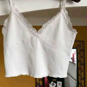 H&amp;M Cream Ribbed Lace Trim Camisole Top