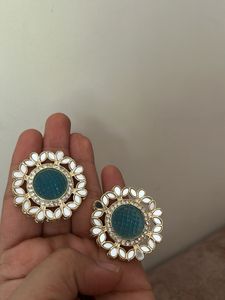 Stunning Teal Stud Earrings with Mirror Work