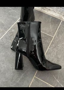 Black Patent Chunky Heel Ankle Boots