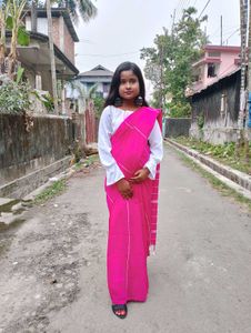 Vibrant Pink Striped pure cotton khadi Saree