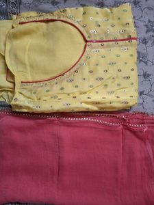 Unstitched Yellow Kurta Set with Pink Dupatta