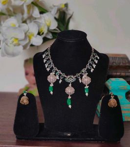 Brass Green Stone Necklace &amp; Earring Set
