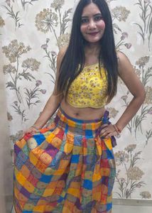 Vibrant Yellow Embroidered Crop Top with Colorful