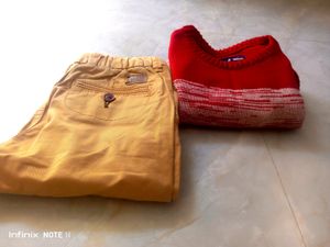 New 5-6 Years Boy's Tan Chino &amp; Red Sweatshirt