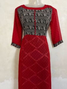 Red &amp; Black Printed long anarkali Kurta