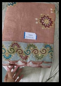 peach saree with fall &amp; Blouse.