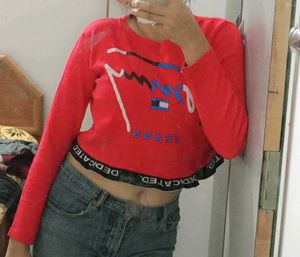 Red Cropped Long Sleeve Top