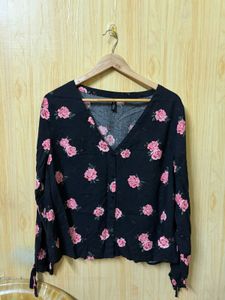 H&amp;m Rose Print Button-Up Blouse