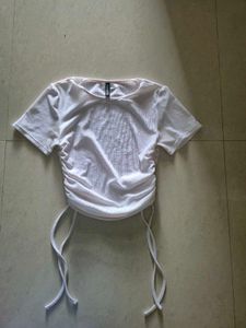 White Ruched Drawstring T-Shirt