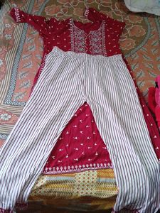 Maroon Embroidered Kurta with Striped Pants