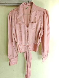 Elegant Pink Satin Tie-Front Blouse