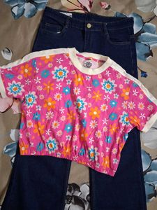 Cute Pink Floral Crop Top & Jeans Set