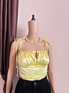 Yellow Tie-Front Ruched Crop Top