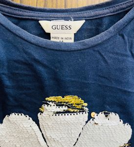 Guess Blue Cold Shoulder Sequin Flower Top
