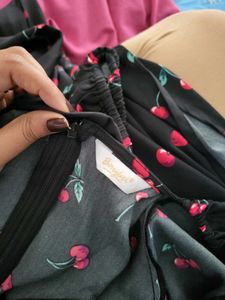Cherry Print Puff Sleeve Midi Dress