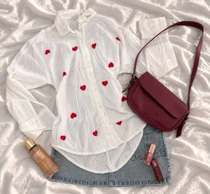 Cute White Heart Print Button-Up Shirt