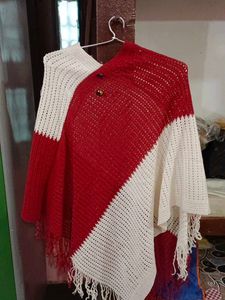 Red & White Knitted Poncho