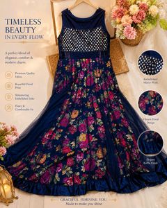 Navy Floral Embellished Ethnic Gown