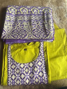 Mustard &amp; Purple Ajrakh - 3 piece Kurta Set