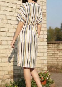 Berrylush Women Yellow &amp; Off-White Stripe Printed