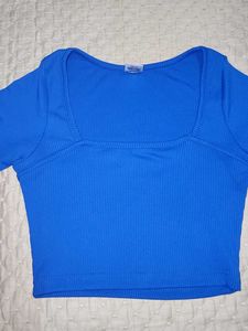 Blue Ribbed Square Neck Cropped Top