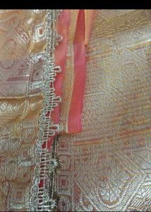Elegant Yellow &amp; Gold Saree With Red Tint