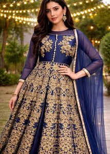 Elegant Blue & Gold Anarkali 3 psc set