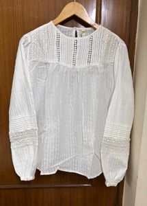White Lace Trim Long Sleeve Top