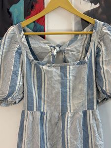 Blue Striped Puff Sleeve Square Neck Dress