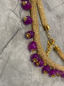Gold Tone Necklace with Purple Beads