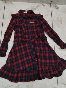 Red Plaid Button-Up Shirt with "Rainbow" Detail