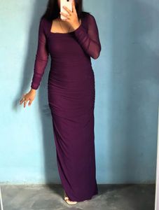 Elegant Purple Sheer Sleeve Ruched Maxi Dress