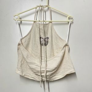Cream Ribbed Butterfly Halter Top
