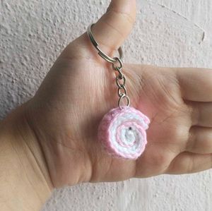 Crocheted Pink &amp; White cake Keychain