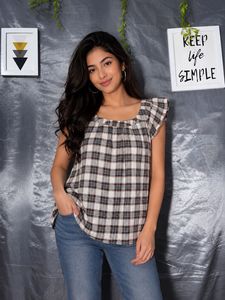 ZARA Plaid Flutter Sleeve Top