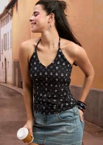 Black Ethnic Print Halter Tie-Up Top