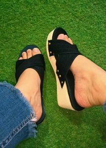 Black Cross-Strap Wedge Sandal